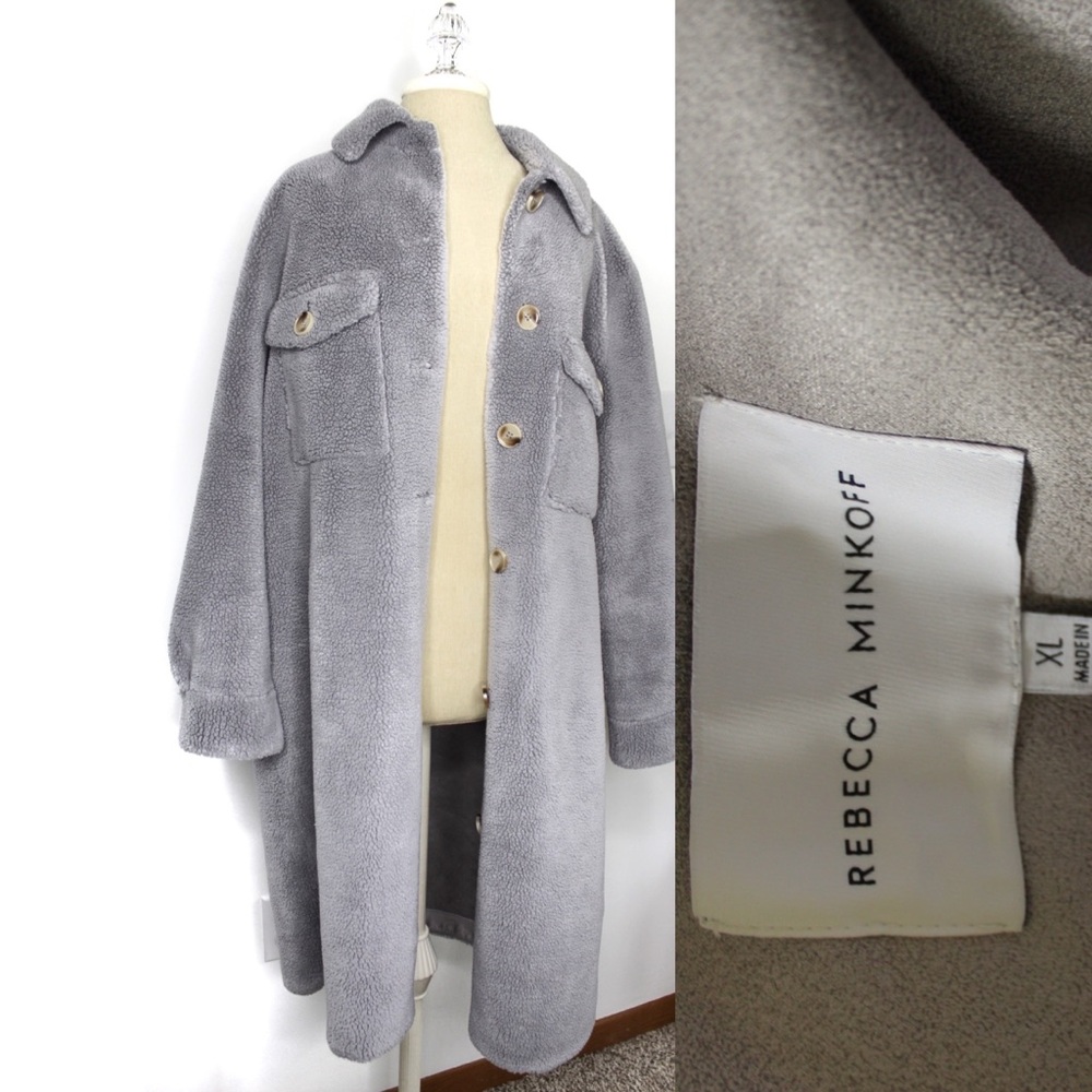Rebecca Minkoff Oversized Plush Long Shirt Jacket Sherpa Grey XL